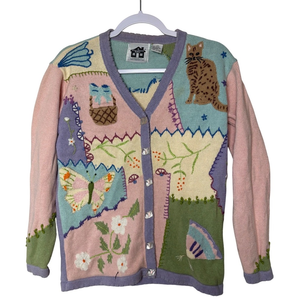 Vtg Storybook Knits Cat Butterfly Patchwork Cardigan Sweater XS Pastel Novelty